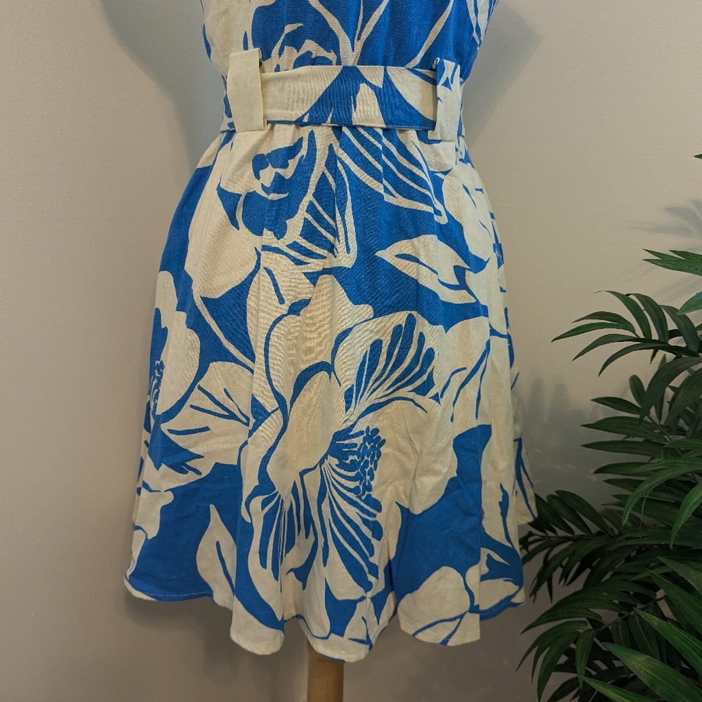 OneTheLand Tropical Floral Print Linen Button Up Mini Dress Blue White Medium - Picture 9 of 12
